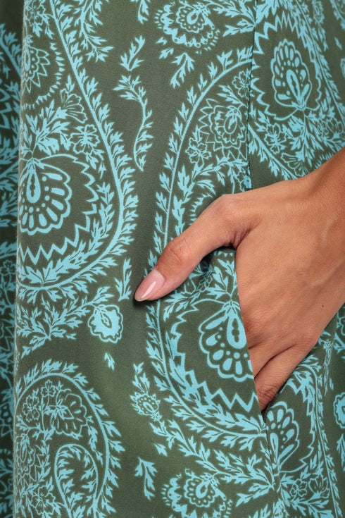 Long A-line sleeveless dress in printed cotton with pockets