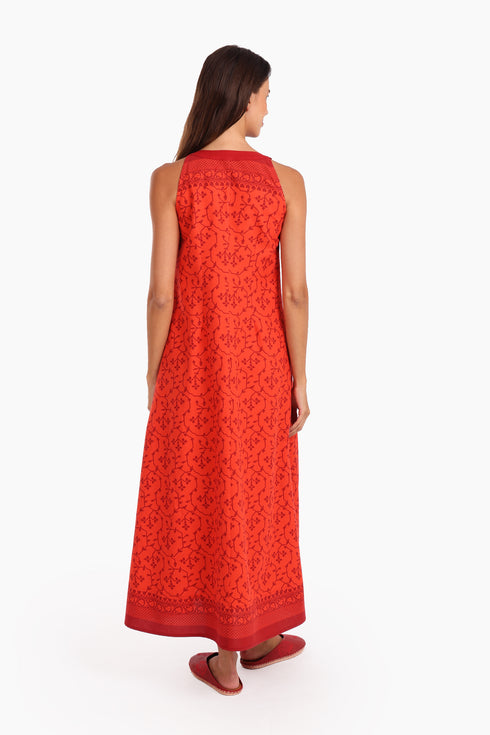 Sleeveless dress in printed cotton with pockets