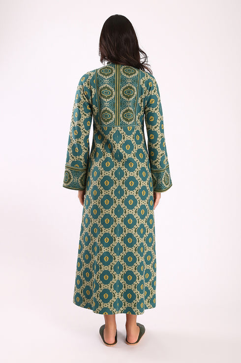 Long dress in printed cotton cashmere blend with front and back bib