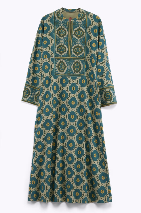 Long dress in printed cotton cashmere blend with front and back bib