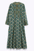 Long dress in printed cotton cashmere blend with front and back bib