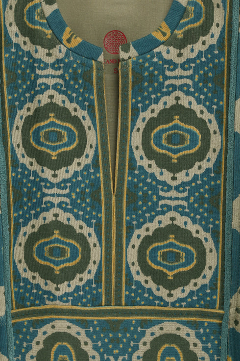 Long dress in printed cotton cashmere blend with front and back bib