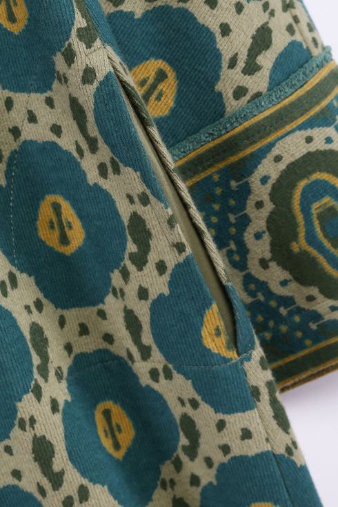 Long dress in printed cotton cashmere blend with front and back bib