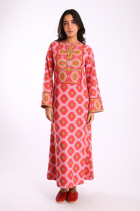 Long dress in printed cotton cashmere blend with front and back bib