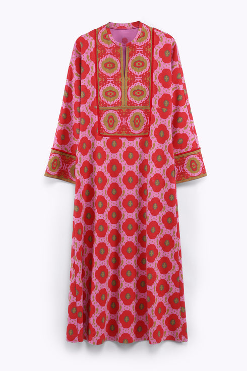 Long dress in printed cotton cashmere blend with front and back bib