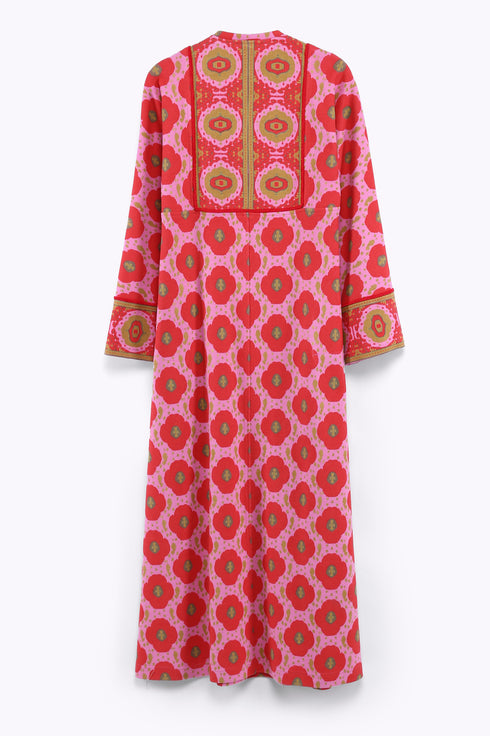 Long dress in printed cotton cashmere blend with front and back bib