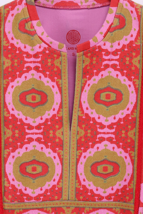 Long dress in printed cotton cashmere blend with front and back bib