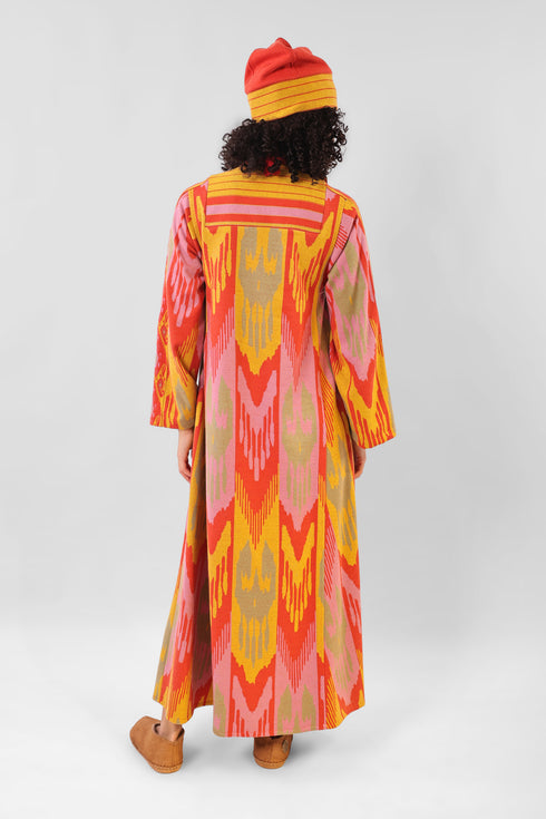 Long kaftan dress in cotton blend patterned jacquard with pockets