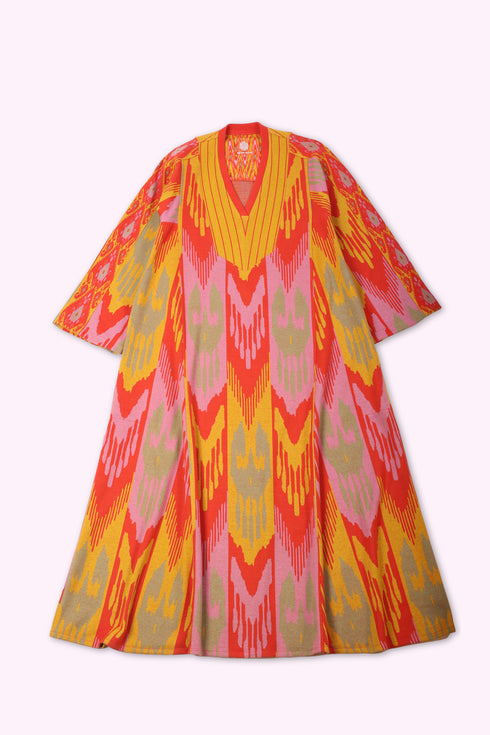 Long kaftan dress in cotton blend patterned jacquard with pockets