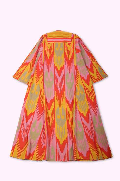 Long kaftan dress in cotton blend patterned jacquard with pockets