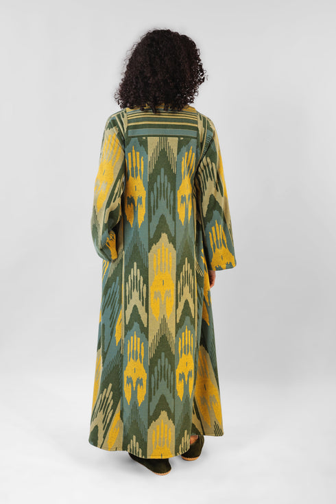 Long kaftan dress in cotton blend patterned jacquard with pockets