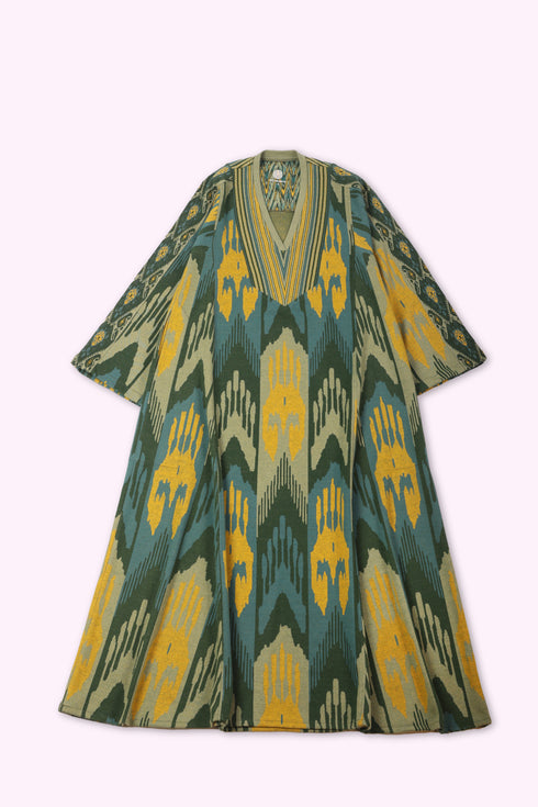 Long kaftan dress in cotton blend patterned jacquard with pockets