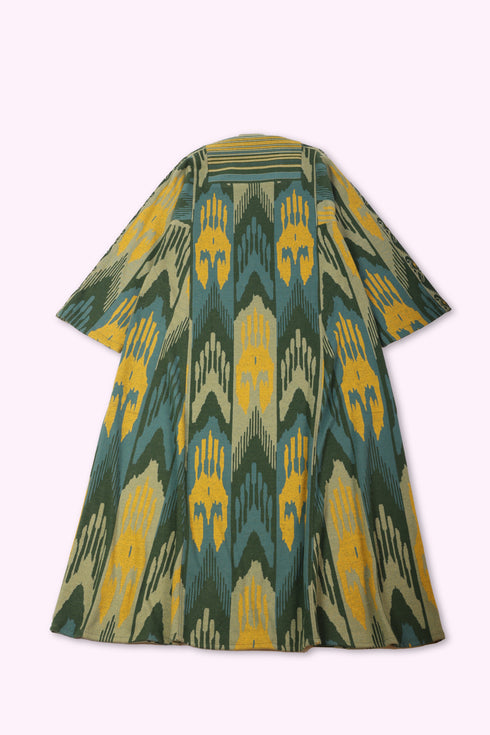 Long kaftan dress in cotton blend patterned jacquard with pockets