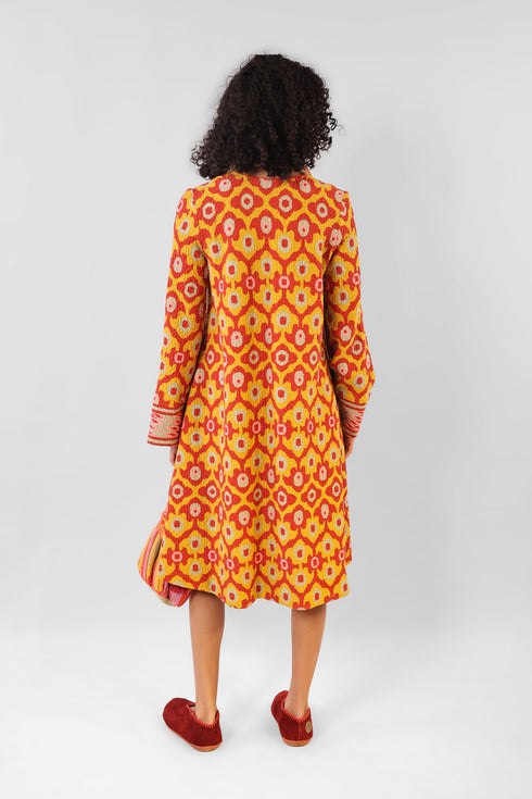 Short dress in printed quilted cotton blend with round neckline