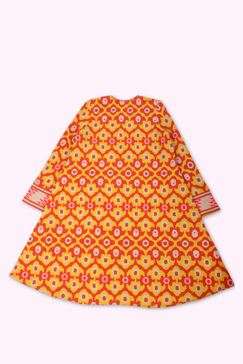 Short dress in printed quilted cotton blend with round neckline