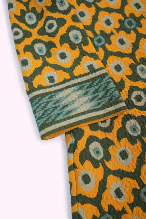 Short dress in printed quilted cotton blend with round neckline