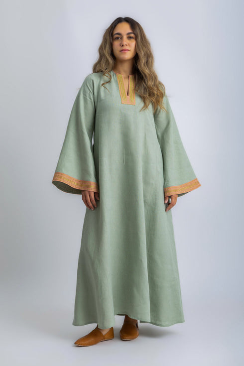 Linen Jellabiya with Contrast Embroidered Trim