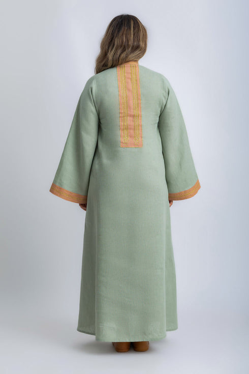 Linen Jellabiya with Contrast Embroidered Trim