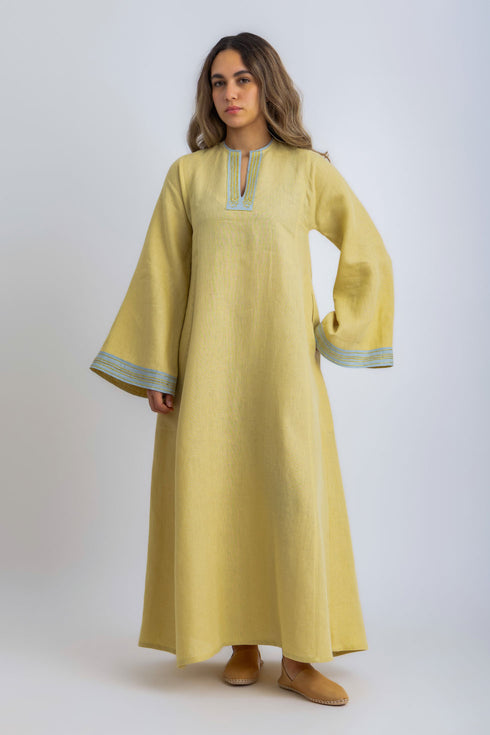 Linen Jellabiya with Contrast Embroidered Trim