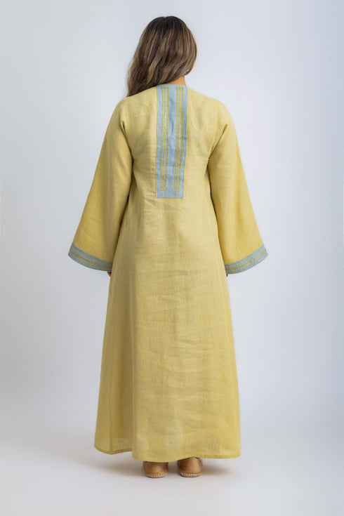 Linen Jellabiya with Contrast Embroidered Trim