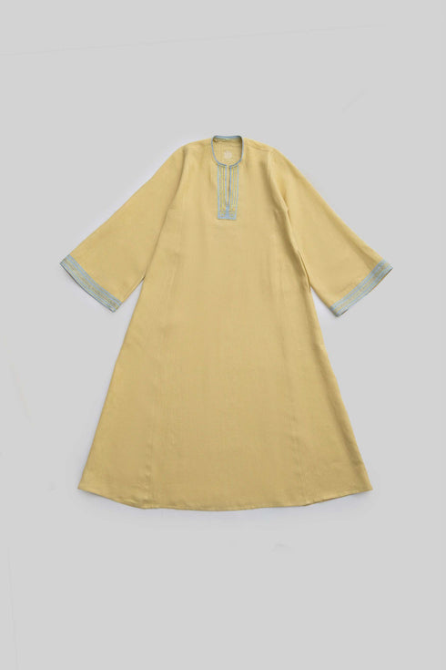 Linen Jellabiya with Contrast Embroidered Trim