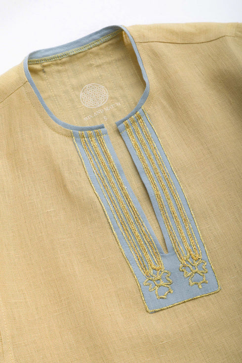 Linen Jellabiya with Contrast Embroidered Trim