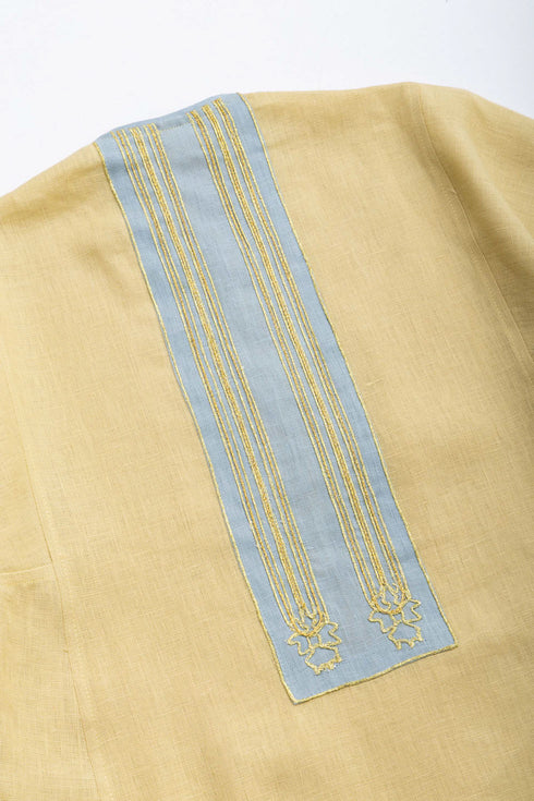 Linen Jellabiya with Contrast Embroidered Trim