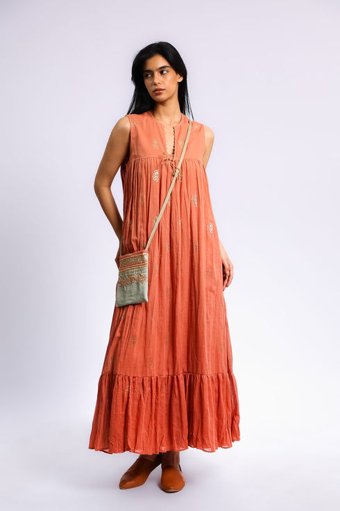 Gold printed cotton gauze dress