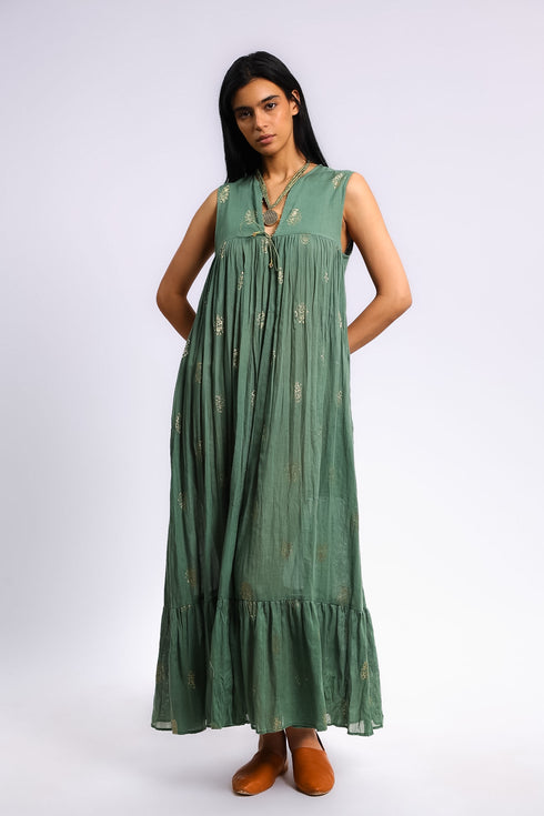 Gold printed cotton gauze dress