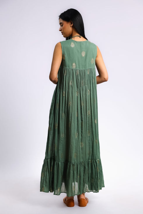 Gold printed cotton gauze dress