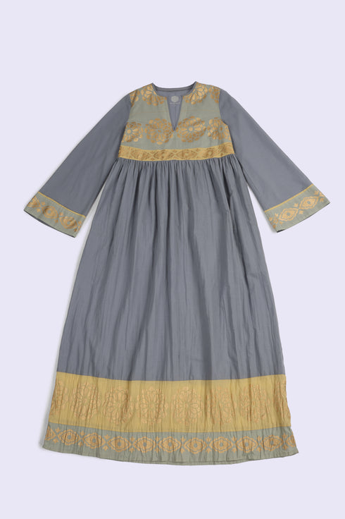 Cotton voile ruffle dress with golden print