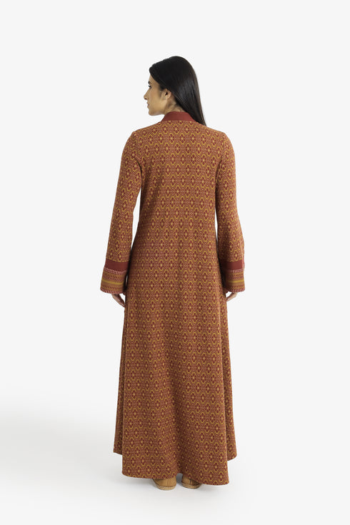 Patterned jacquard long dress with V neckline