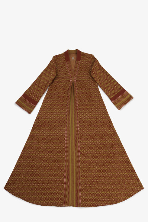 Patterned jacquard long dress with V neckline