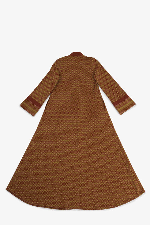 Patterned jacquard long dress with V neckline