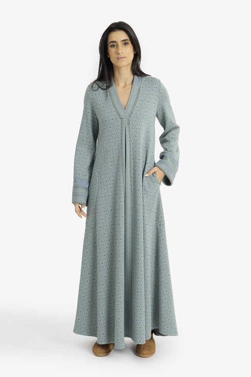 Patterned jacquard long dress with V neckline