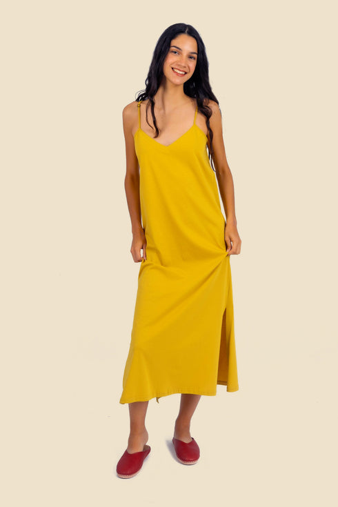 Long cotton jersey dress with adjustable straps