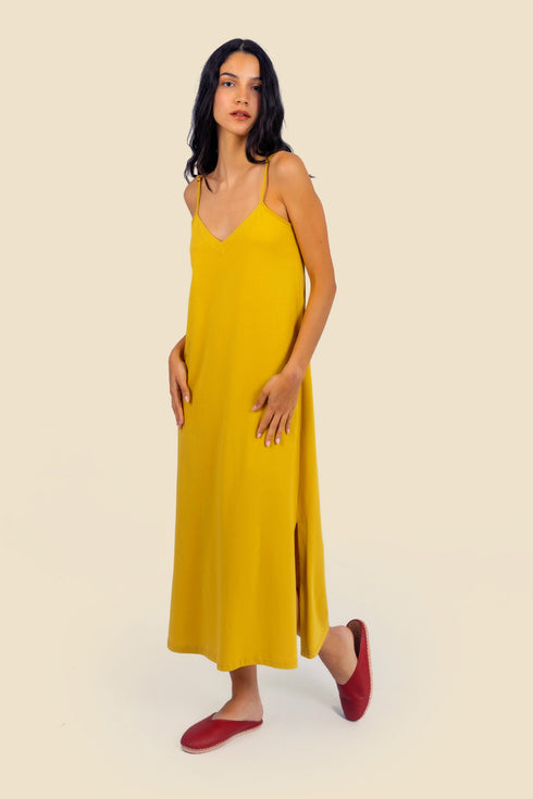 Long cotton jersey dress with adjustable straps