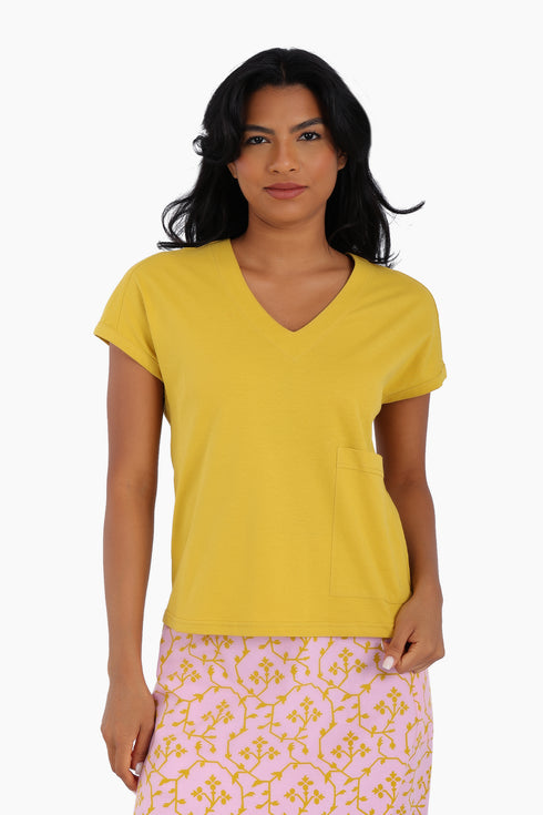 V neck cotton jersey top with front patch pocket