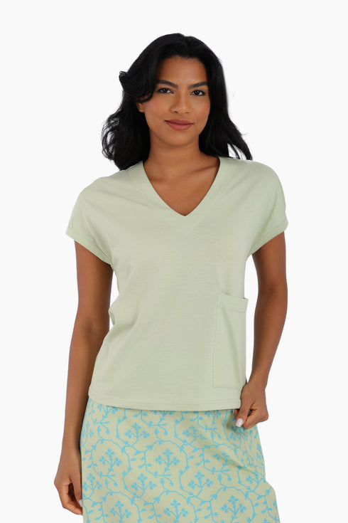V neck cotton jersey top with front patch pocket