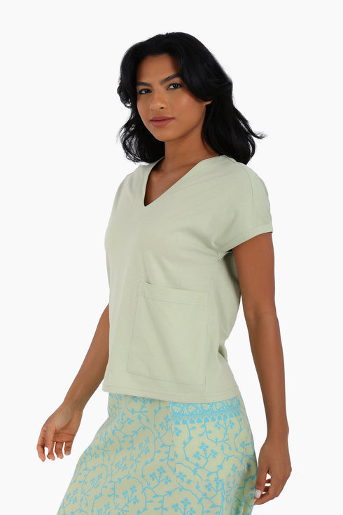 V neck cotton jersey top with front patch pocket