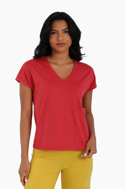 V neck cotton jersey top with front patch pocket