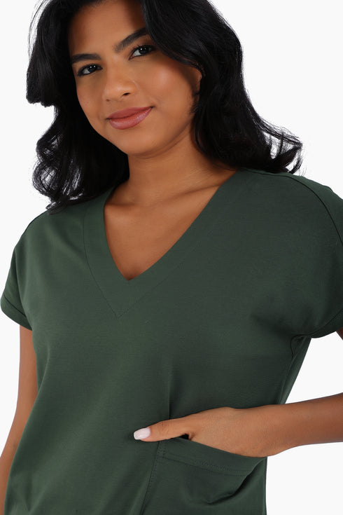 V neck cotton jersey top with front patch pocket