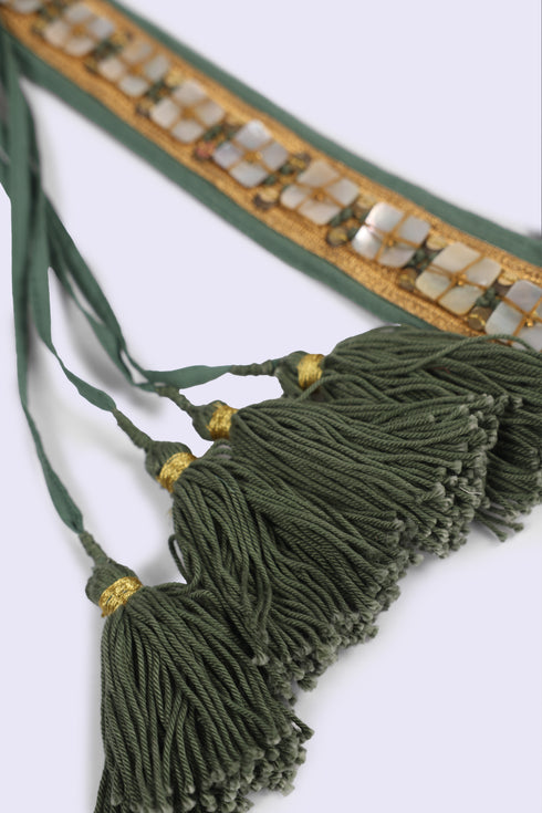 Pearl embellished tassel belt