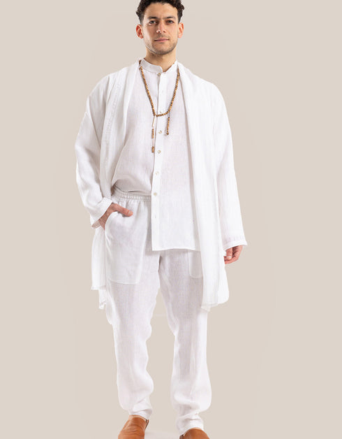 Linen shirt with button down and stand up collar