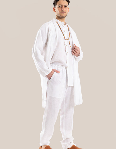 Linen shirt with button down and stand up collar