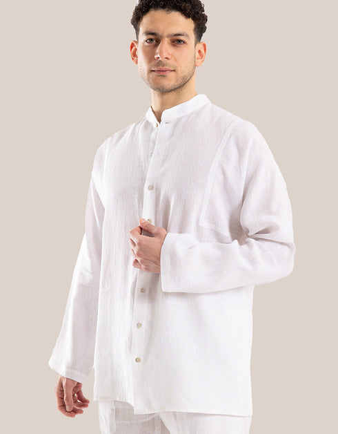 Linen shirt with button down and stand up collar