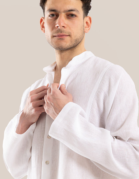 Linen shirt with button down and stand up collar