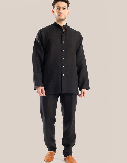 Linen shirt with button down and stand up collar