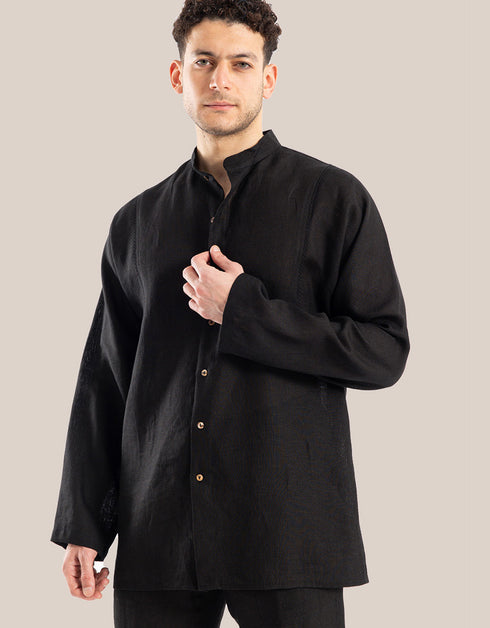 Linen shirt with button down and stand up collar