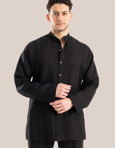 Linen shirt with button down and stand up collar